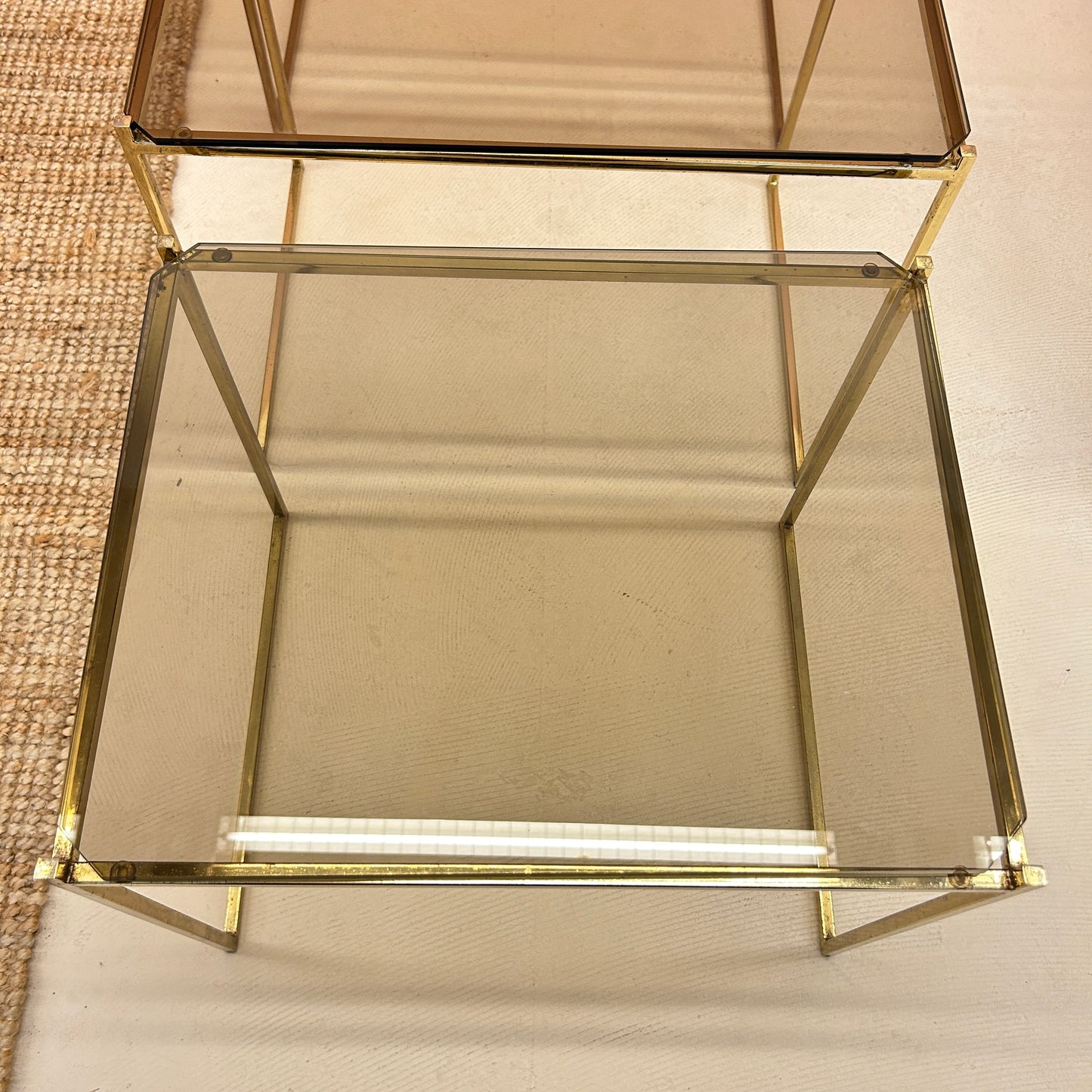 Nesting tables - Brass & smoked glass.