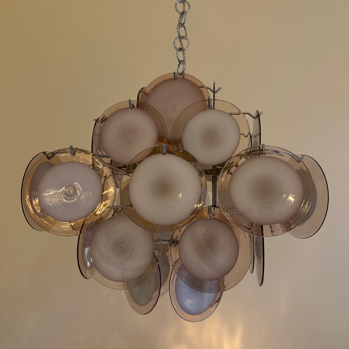 Hanging light with purple Murano glass discs by Vistosi
