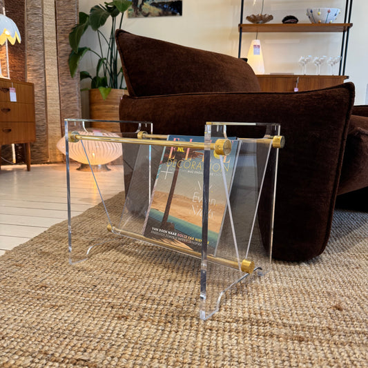 Mid-century plexiglas magazine with brass details