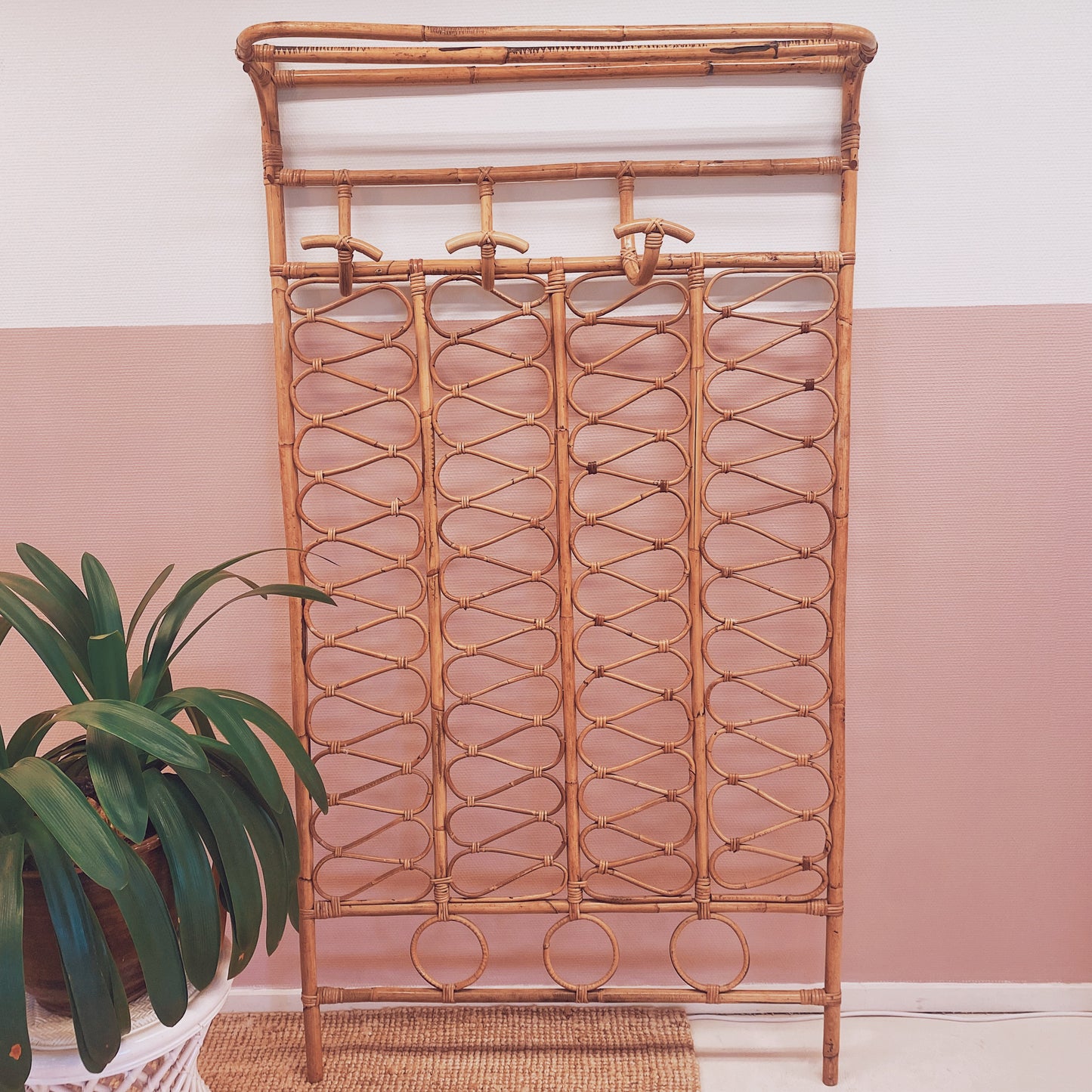 Vintage brown rattan wall coat rack from 1970