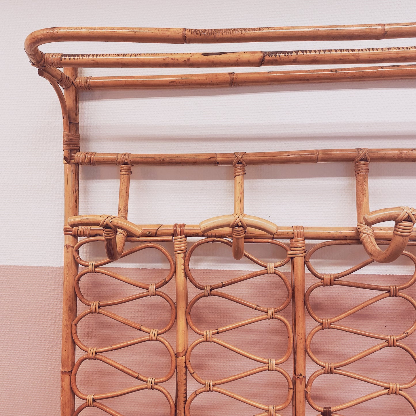 Vintage brown rattan wall coat rack from 1970