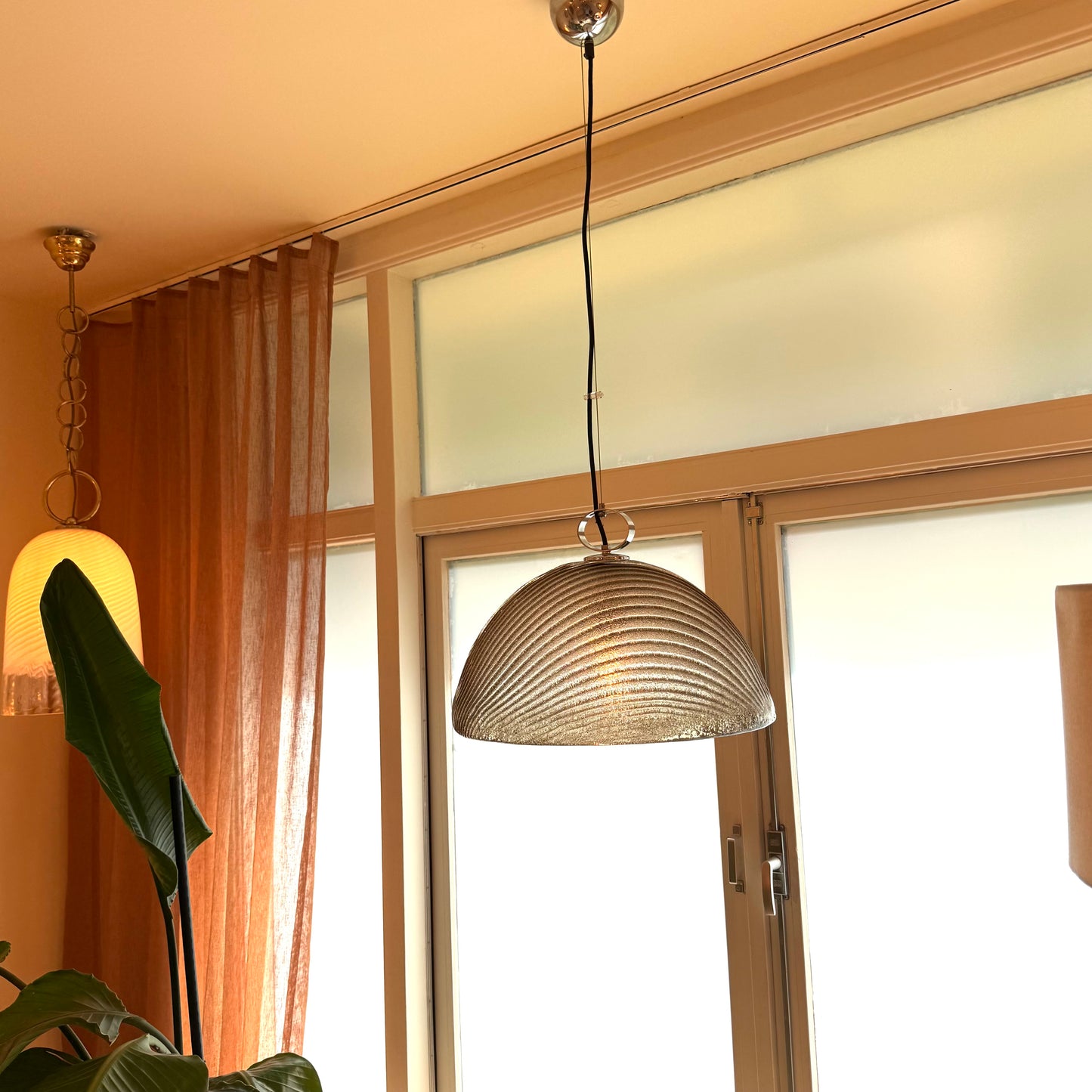 Brown ribbed glass pendant light