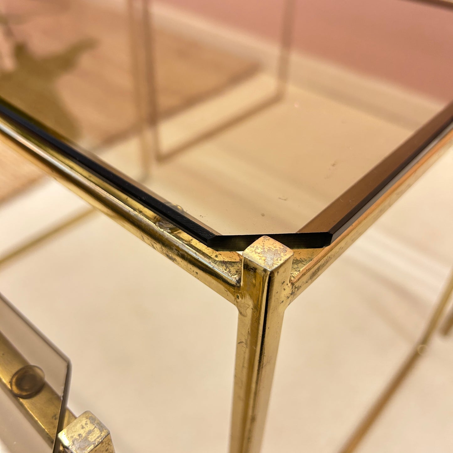 Nesting tables - Brass & smoked glass.