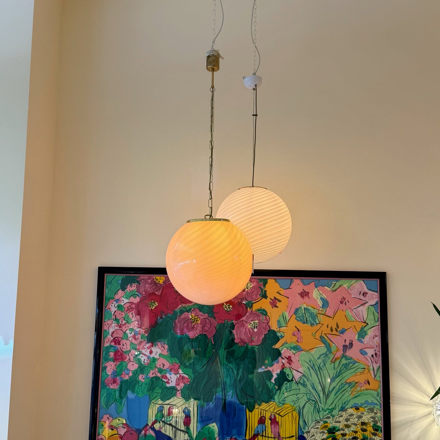 1970s Murano pink candy globe pendant Lamp