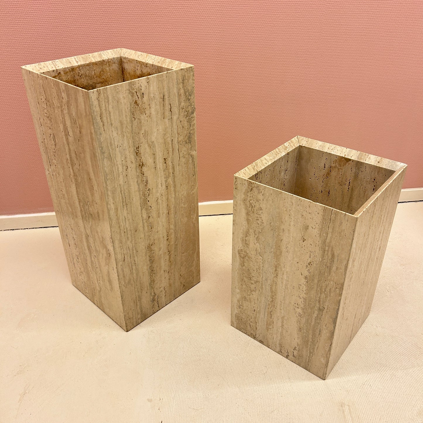 1980s Square Travertine Plant Pots