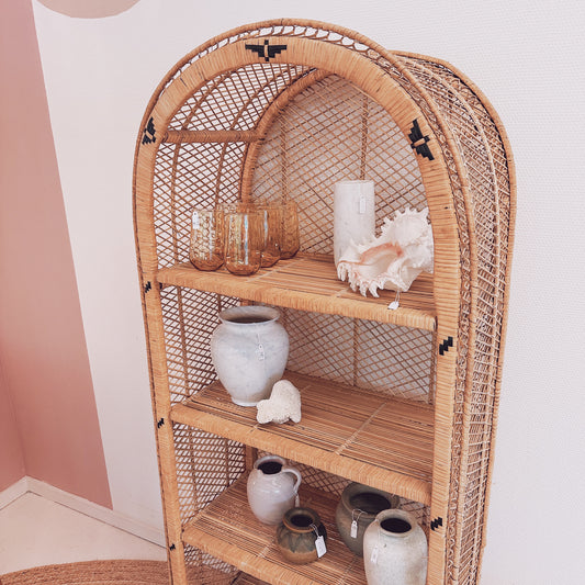 1970's rattan / wicker bow shelving unit