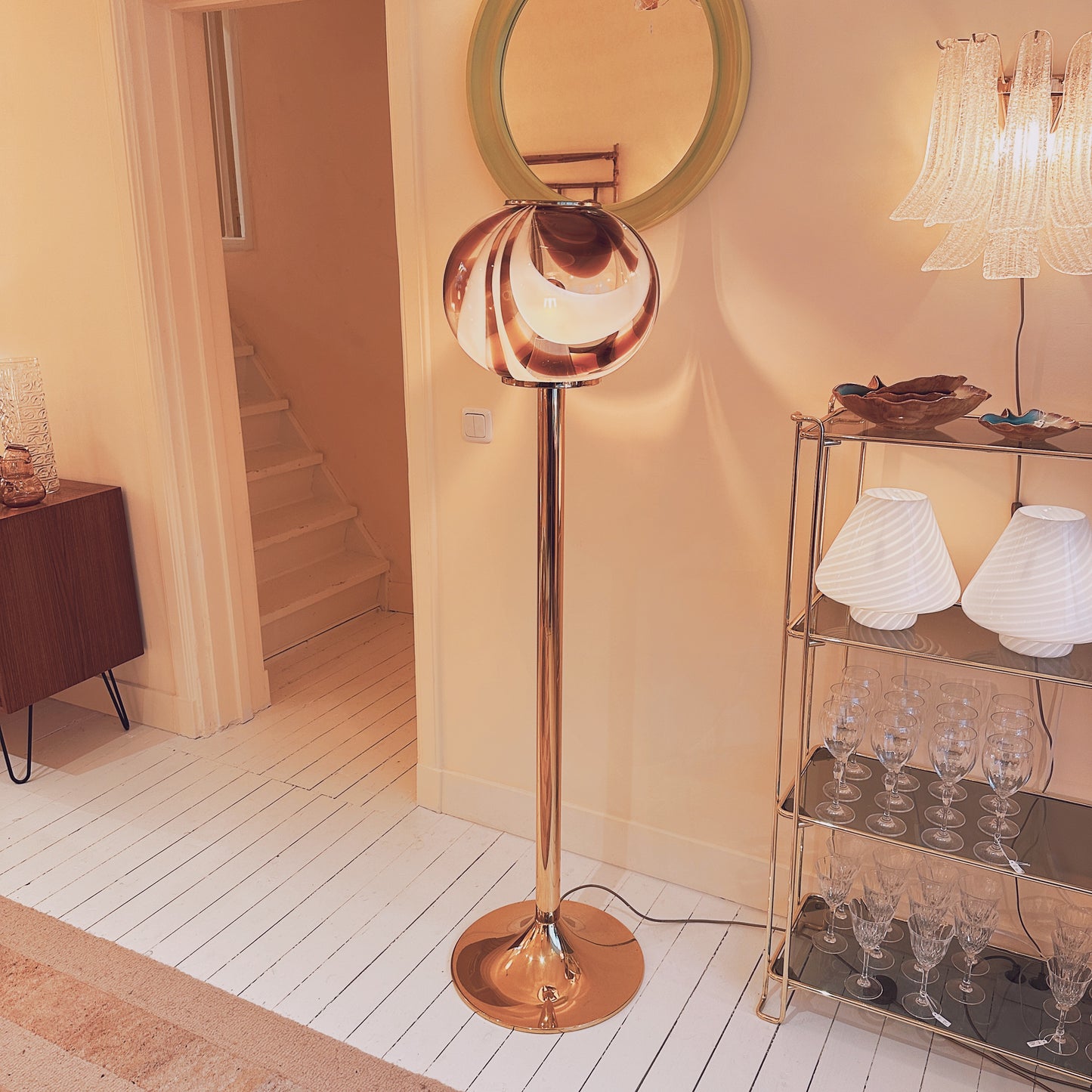Italian Murano amber swirl glass globe floor lamp on brass base