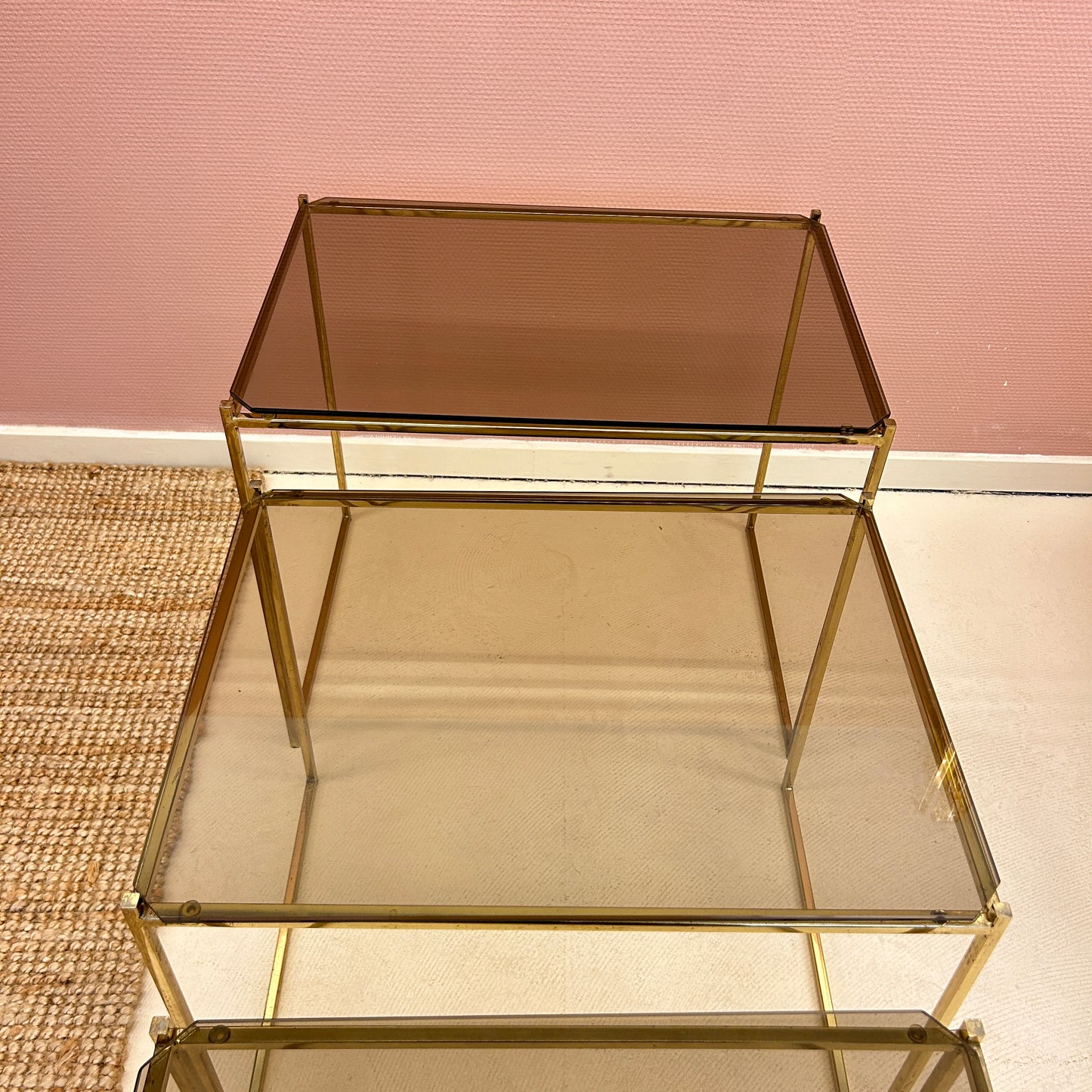 Nesting tables - Brass & smoked glass.