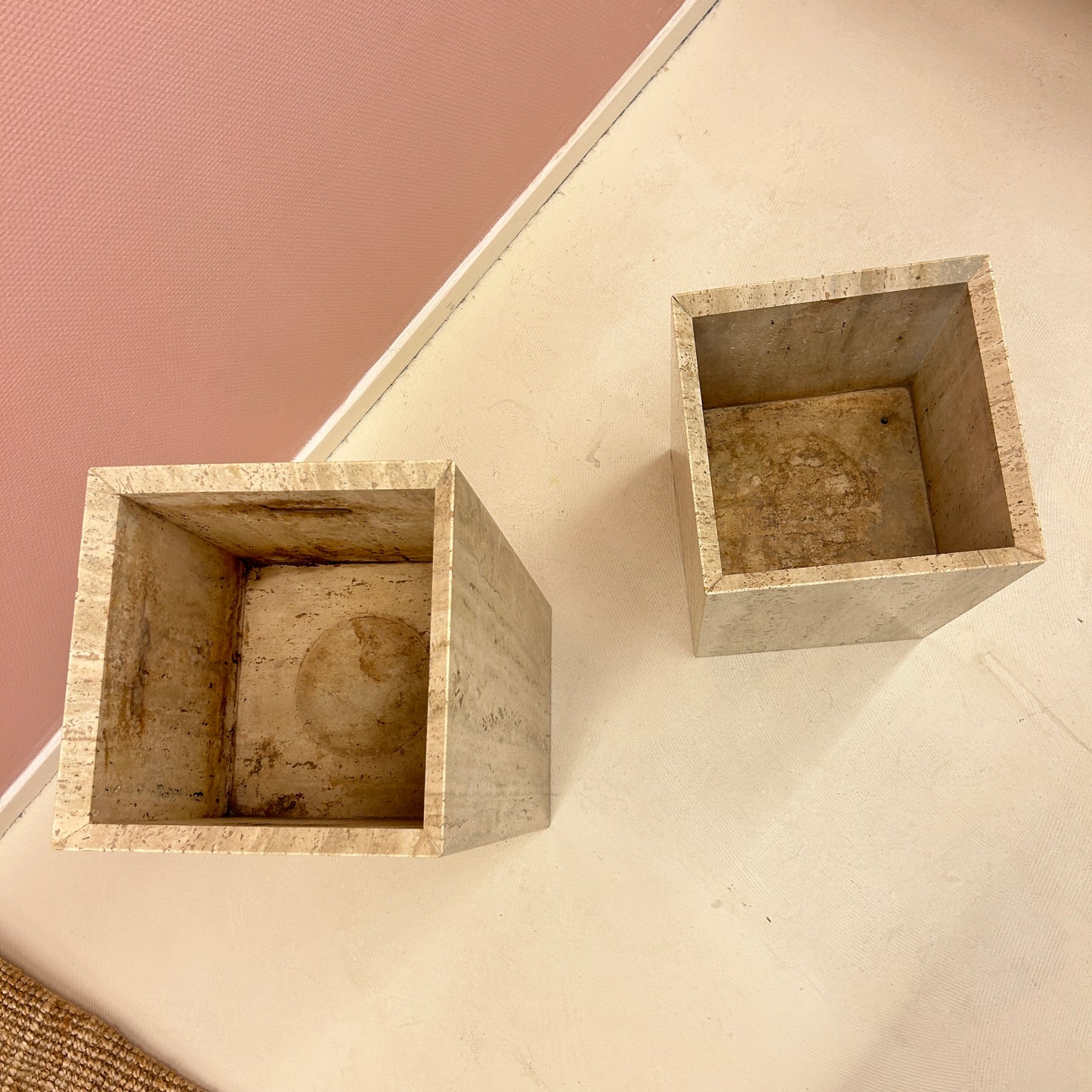 1980s Square Travertine Plant Pots