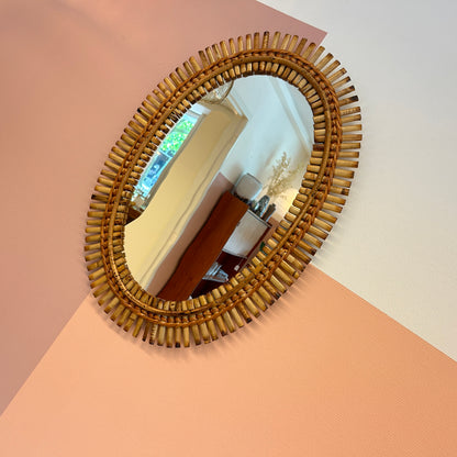 1960’s oval shaped rattan mirror