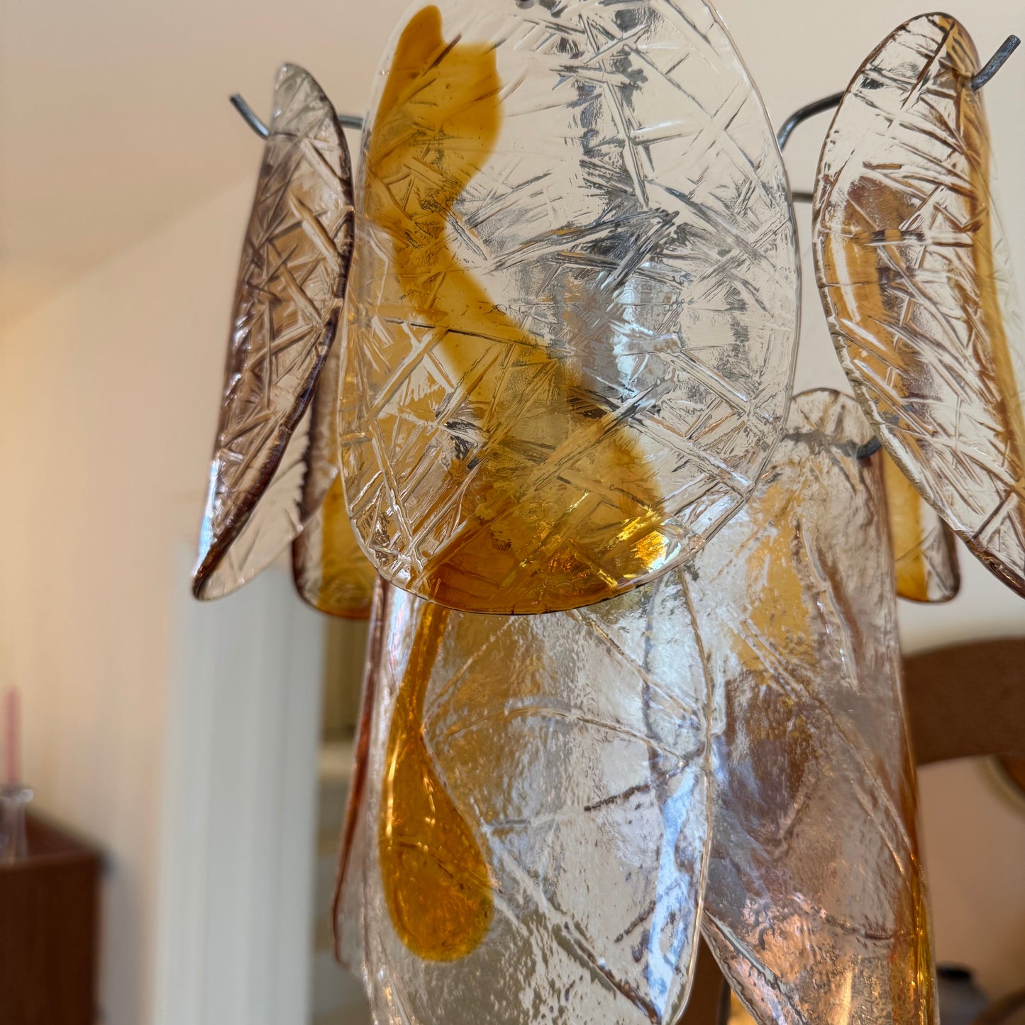 Italian amber Murano glass leaf chandelier, 1970s
