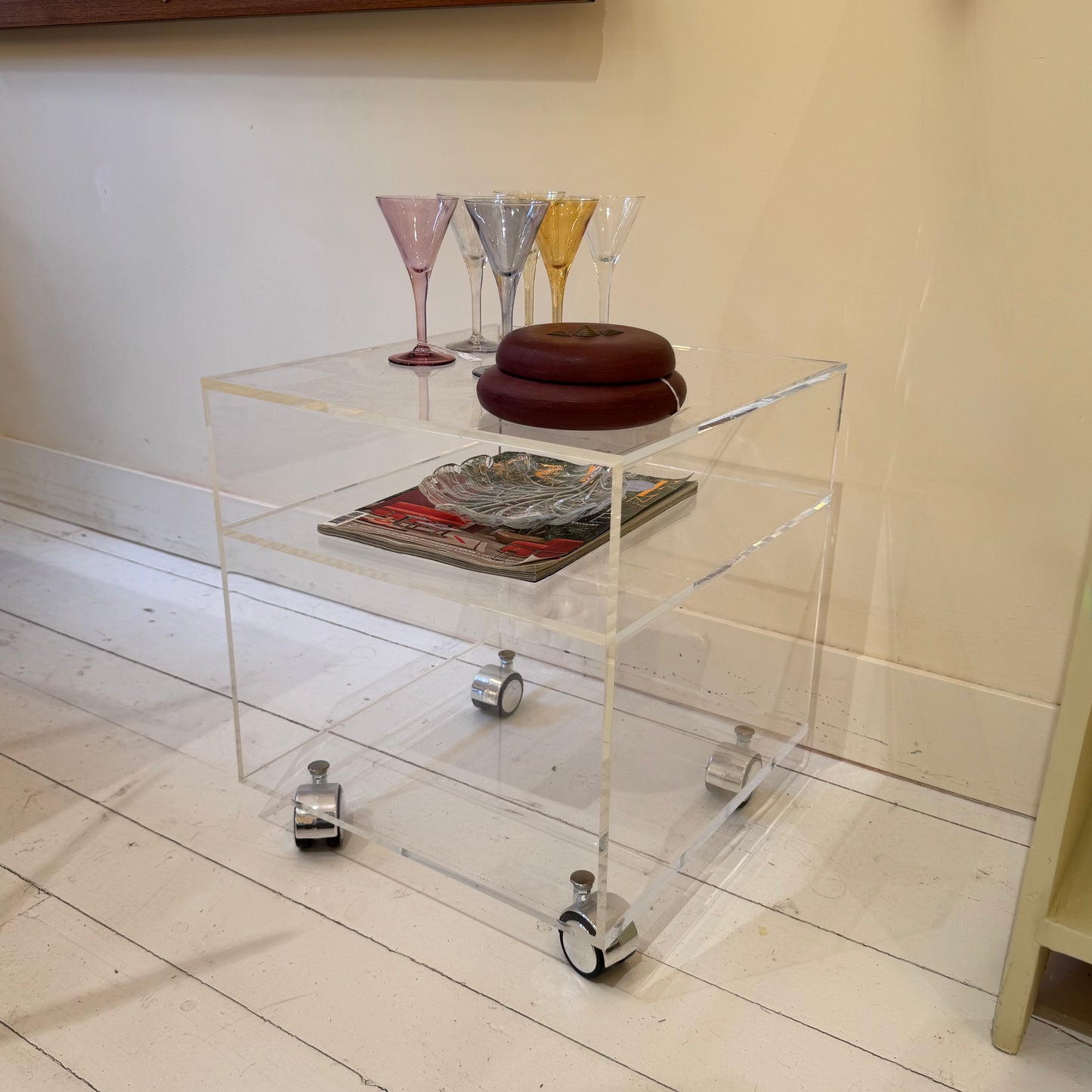 Vintage Acrylic Side Table on Wheels, 1980s