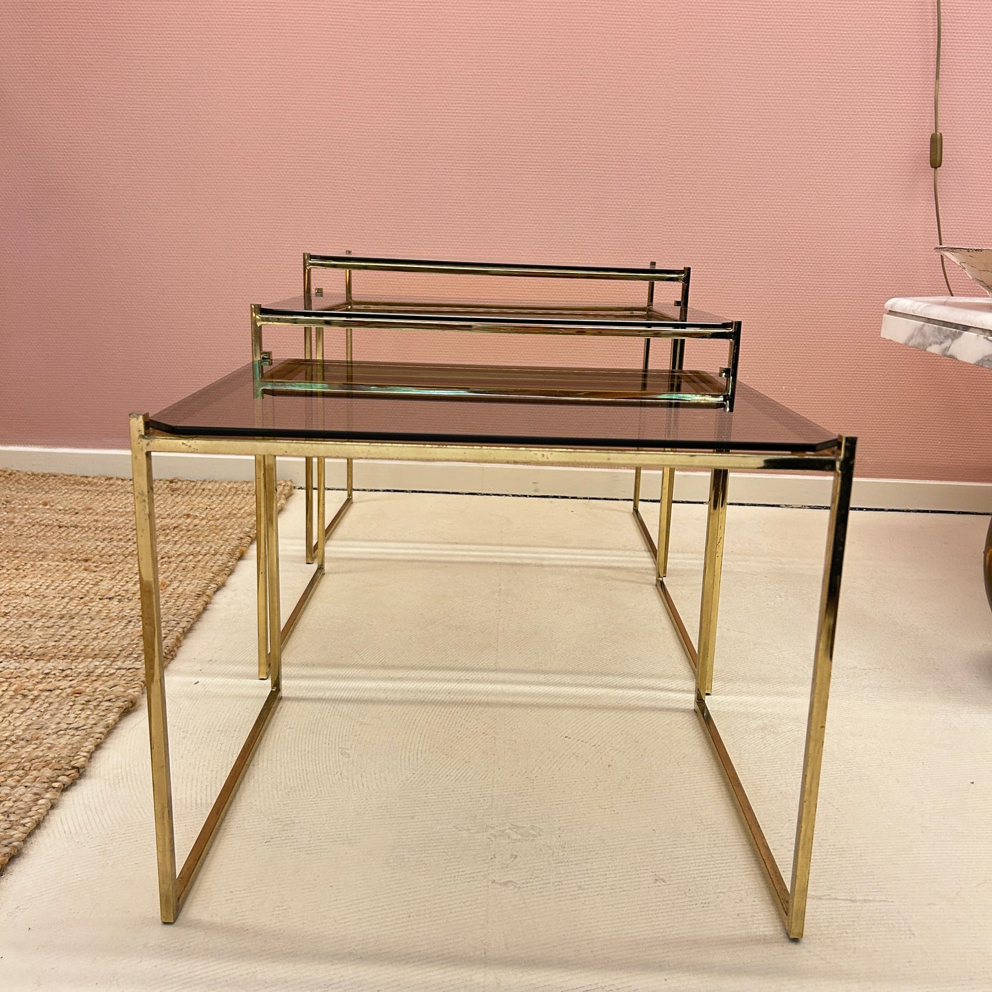 Nesting tables - Brass & smoked glass.