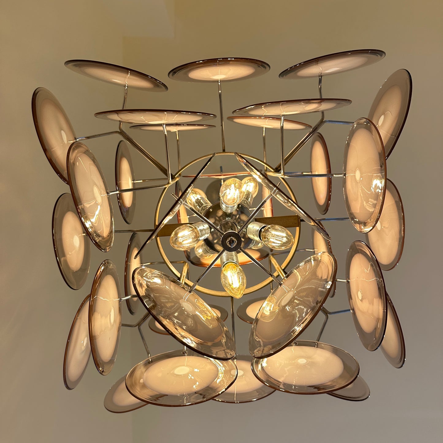 Hanging light with purple Murano glass discs by Vistosi