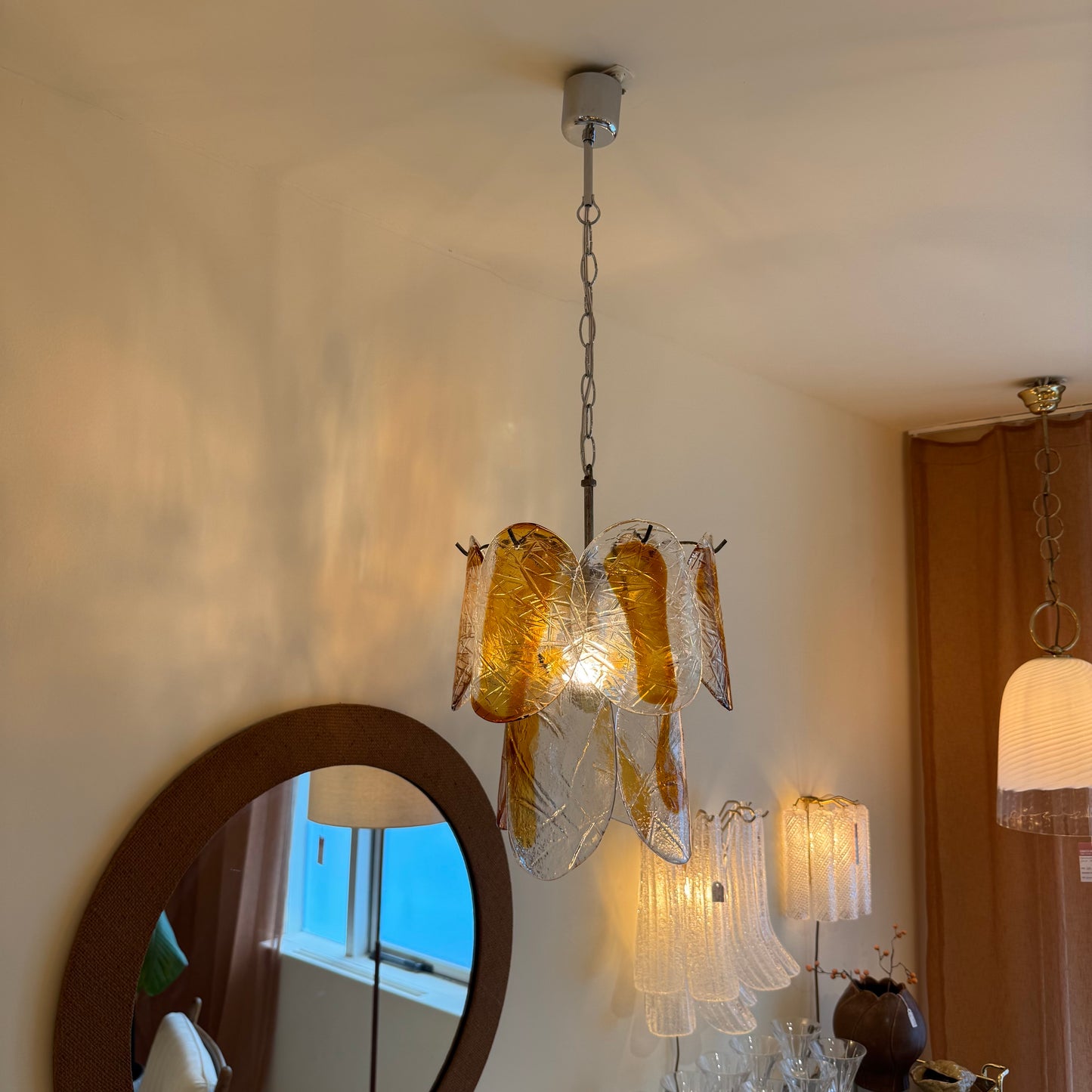 Italian amber Murano glass leaf chandelier, 1970s