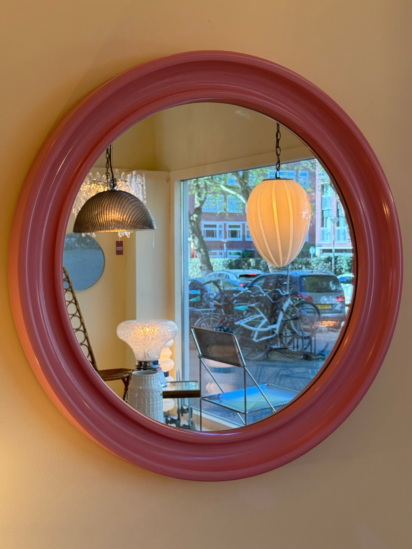 Pink 1970’s round upcycled mirror by Carrara & Matta, Italy