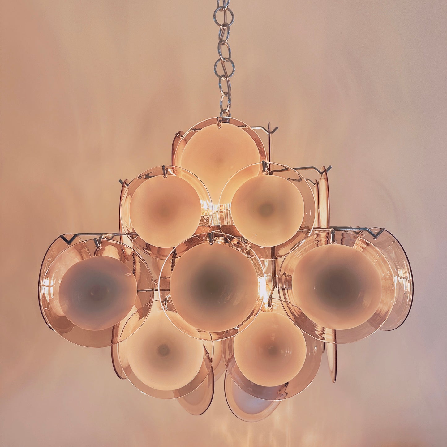 Hanging light with purple Murano glass discs by Vistosi