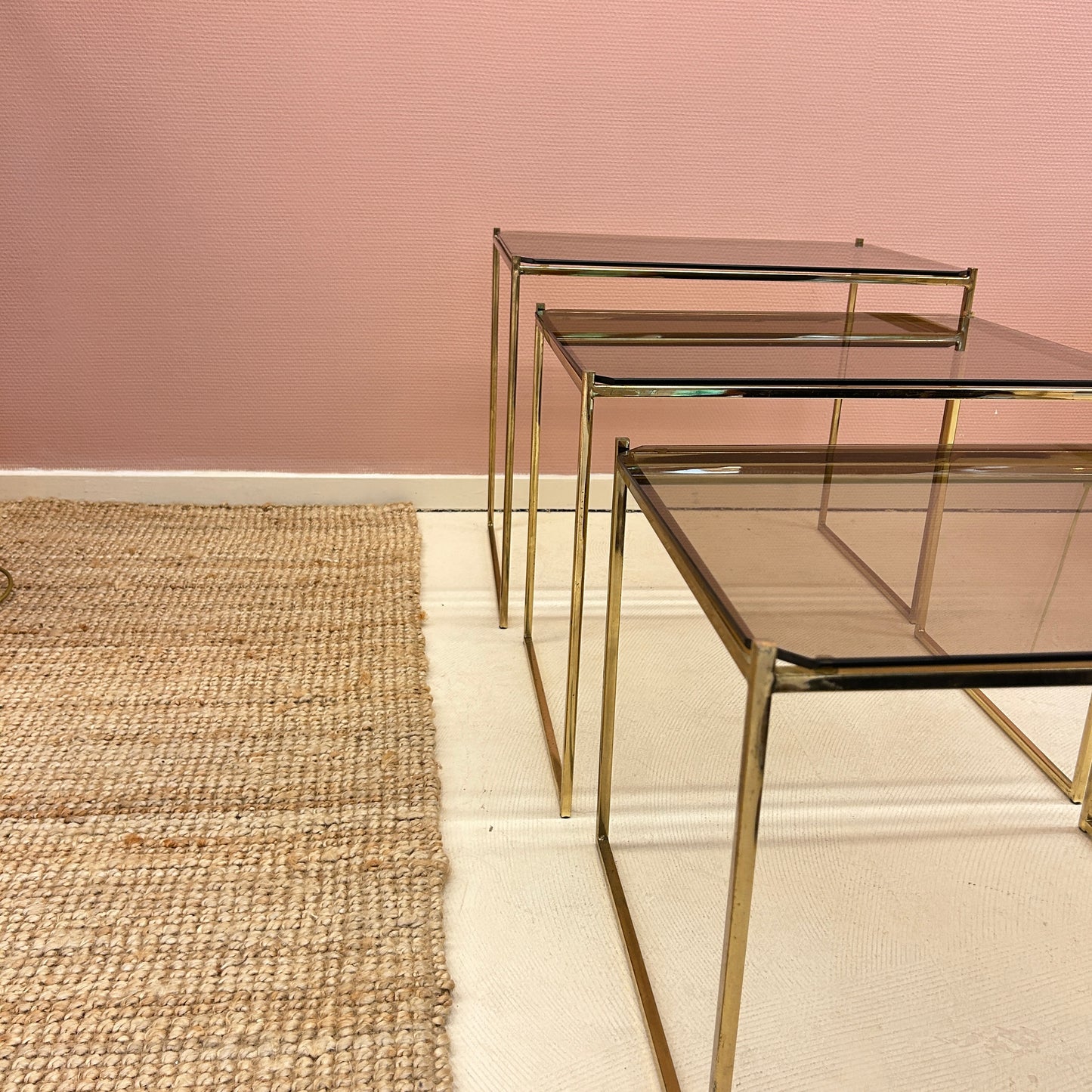 Nesting tables - Brass & smoked glass.