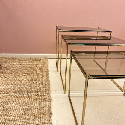 Nesting tables - Brass & smoked glass.