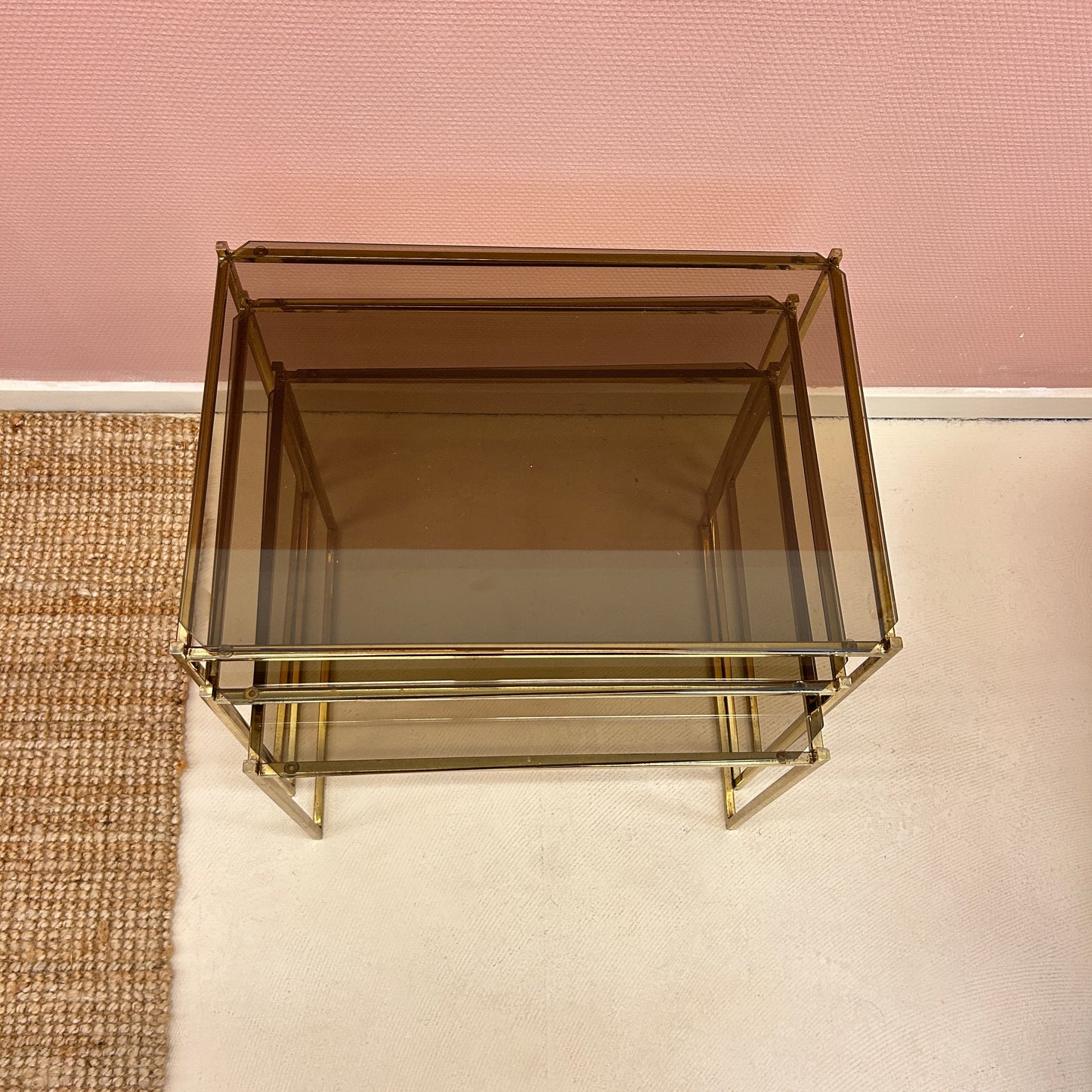 Nesting tables - Brass & smoked glass.