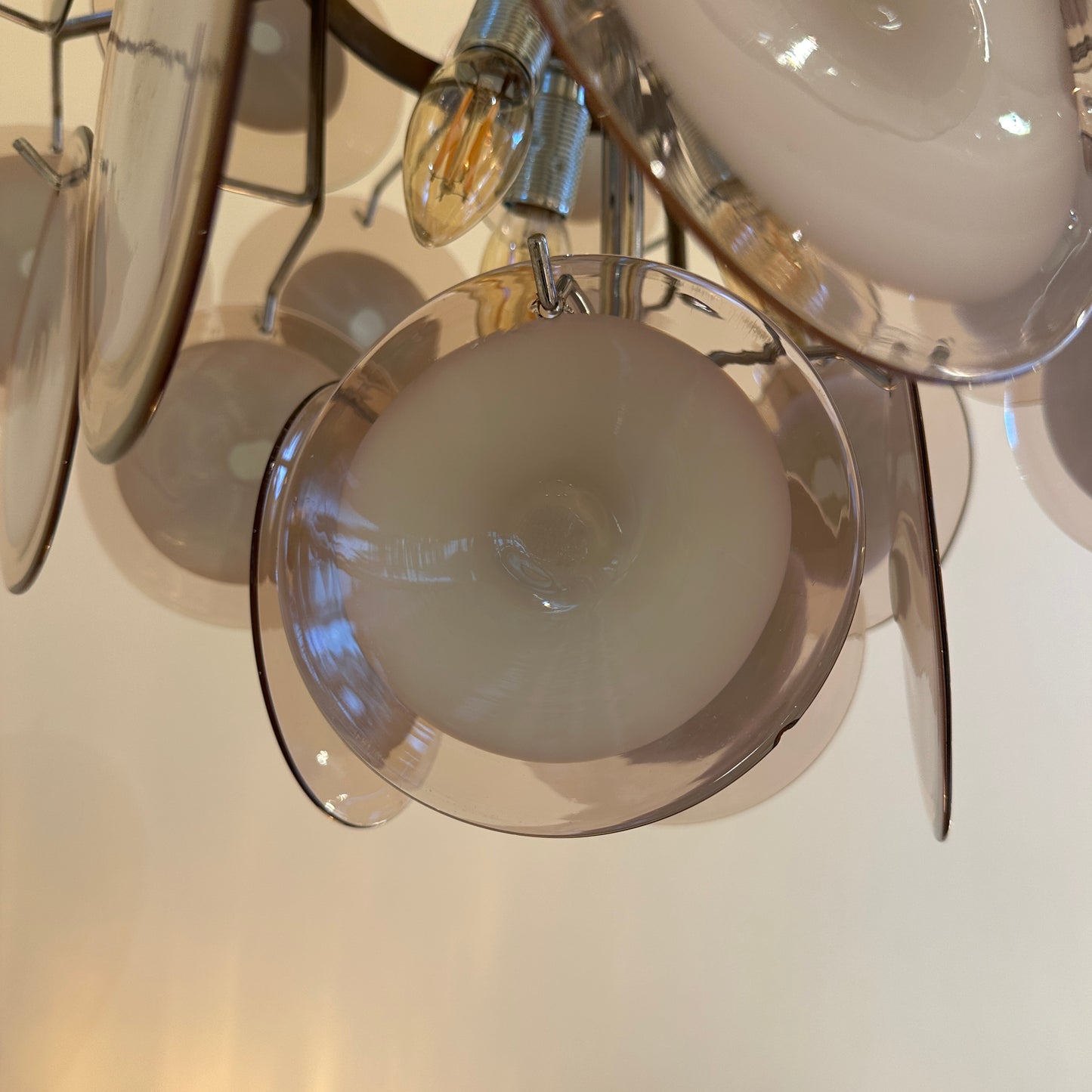Hanging light with purple Murano glass discs by Vistosi