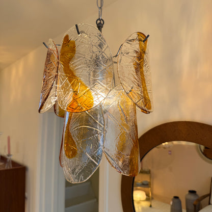 Italian amber Murano glass leaf chandelier, 1970s
