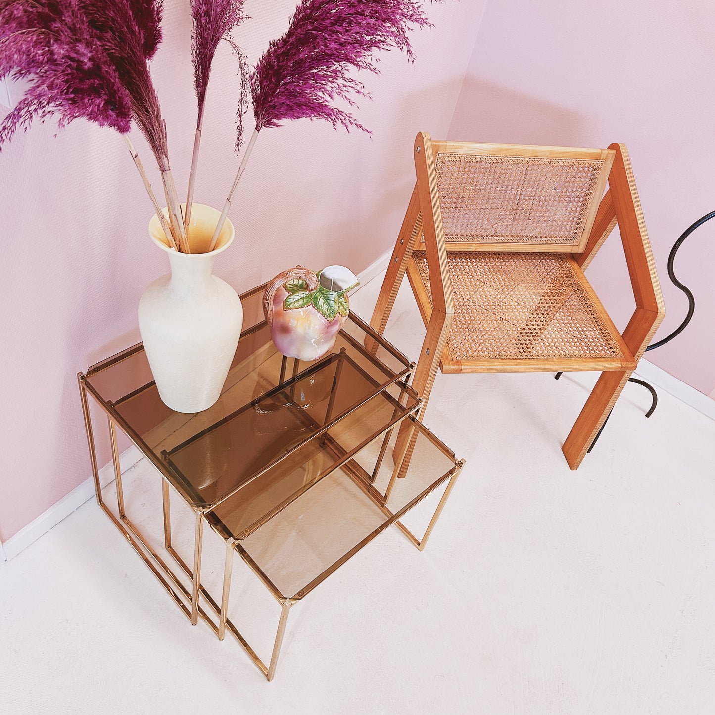 Nesting tables - Brass & smoked glass.