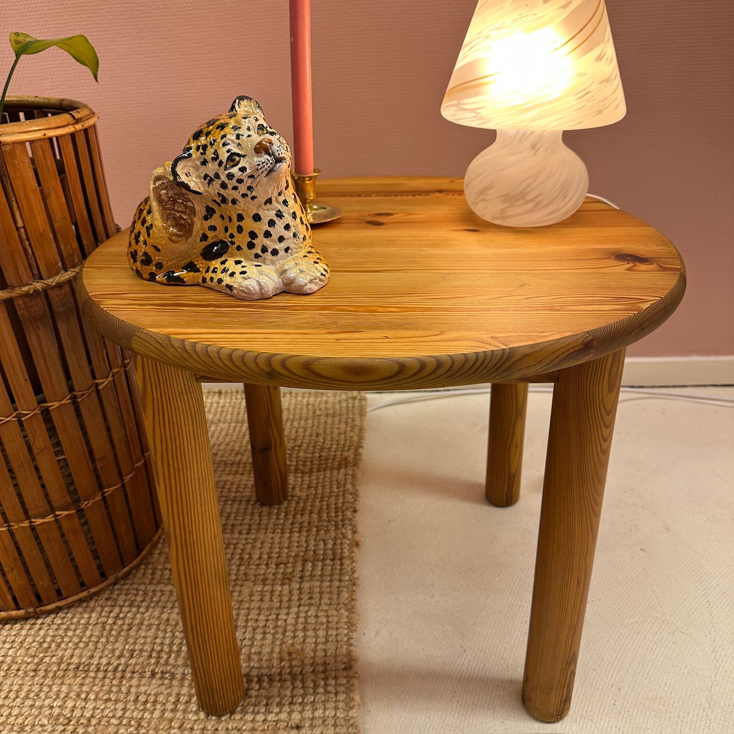 Round pine wood side table