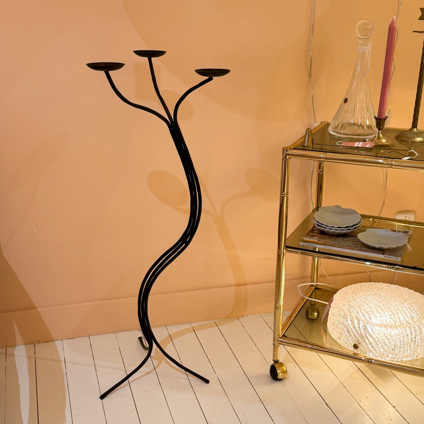 Italian black cast iron tripod candle holder