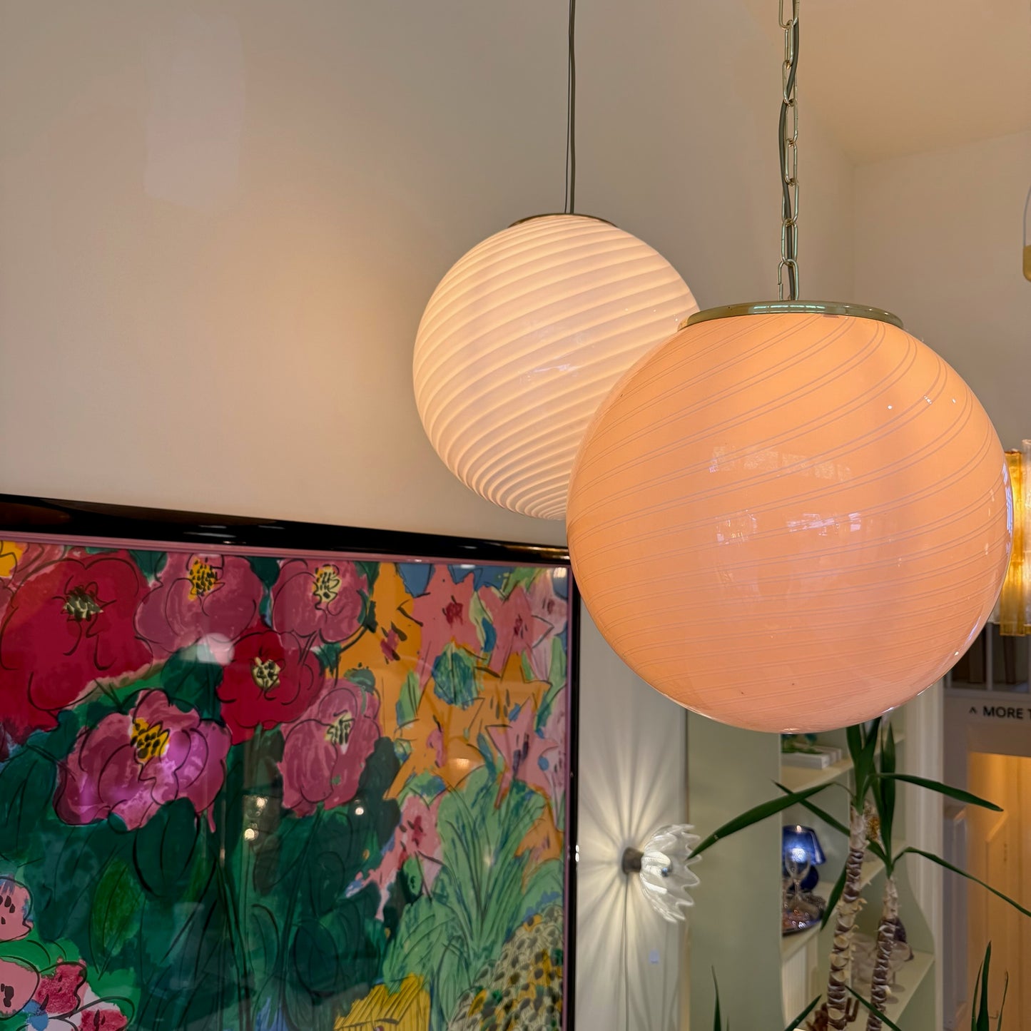 1970s Murano pink candy globe pendant Lamp