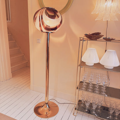 Italian Murano amber swirl glass globe floor lamp on brass base