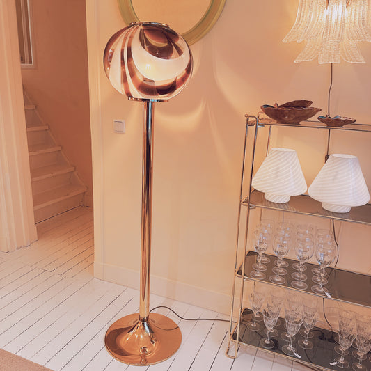 Italian Murano amber swirl glass globe floor lamp on brass base