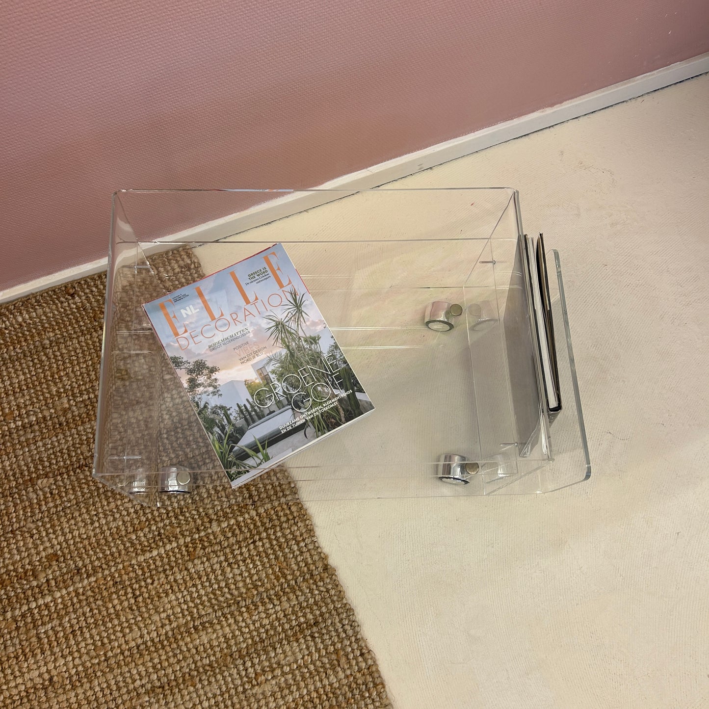 Lucite sidetable with magazineholder on wheels