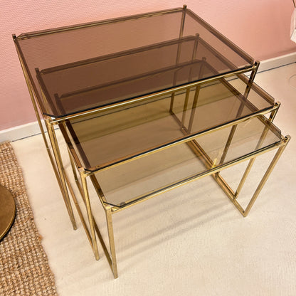 Nesting tables - Brass & smoked glass.