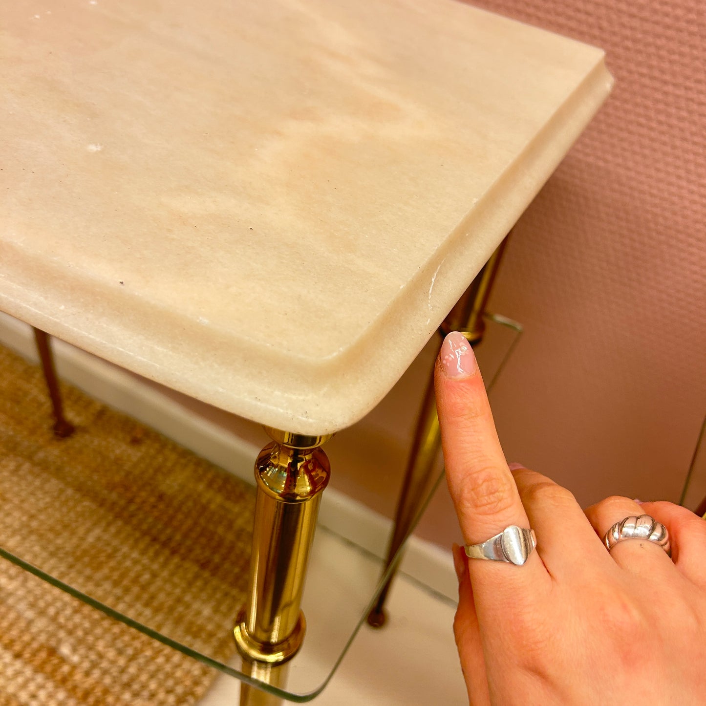 Italian pink marble - glass - brass nightstand