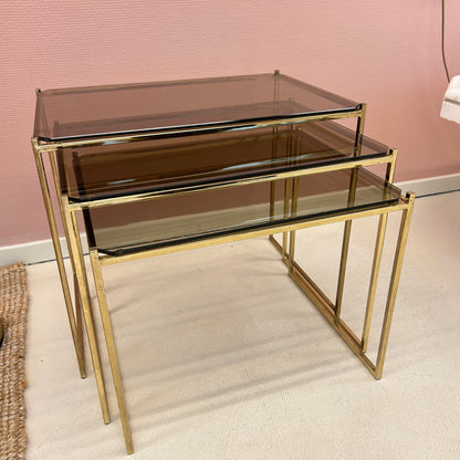 Nesting tables - Brass & smoked glass.