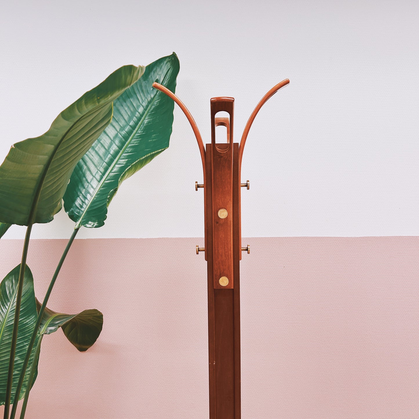 Wooden coat rack with curved top and brass hooks