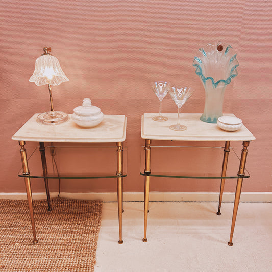 Italian pink marble - glass - brass nightstand