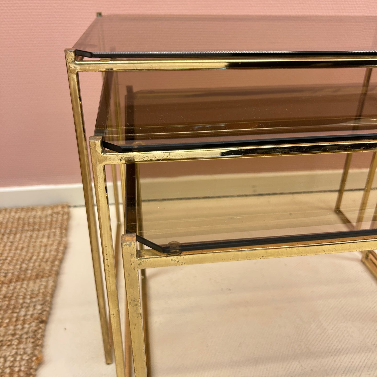 Nesting tables - Brass & smoked glass.