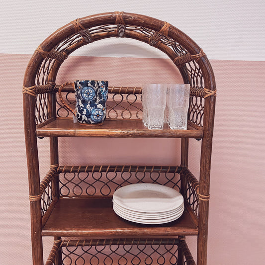 1970's Bamboo & Rattan bow shelving unit