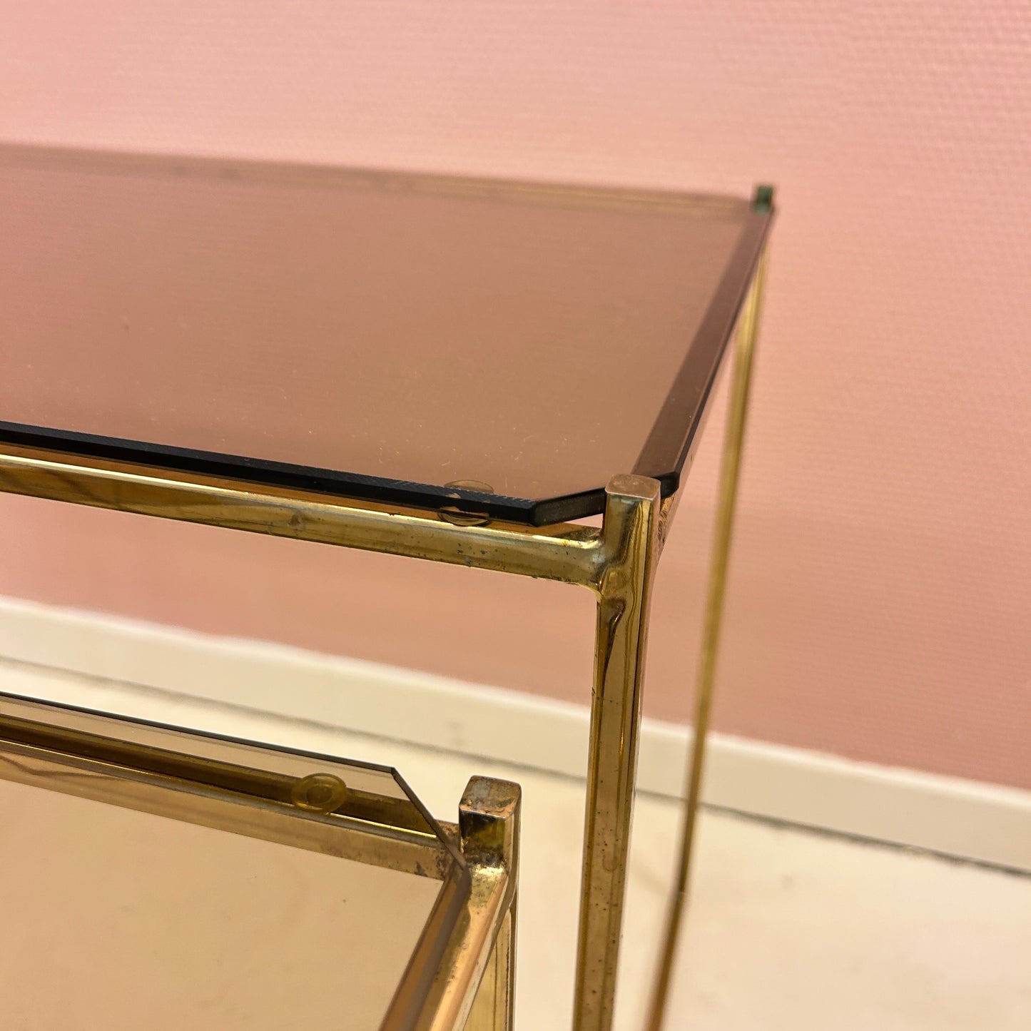 Nesting tables - Brass & smoked glass.