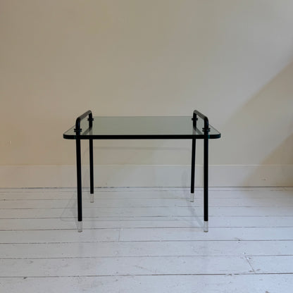 Italian glass side table with black metal frame