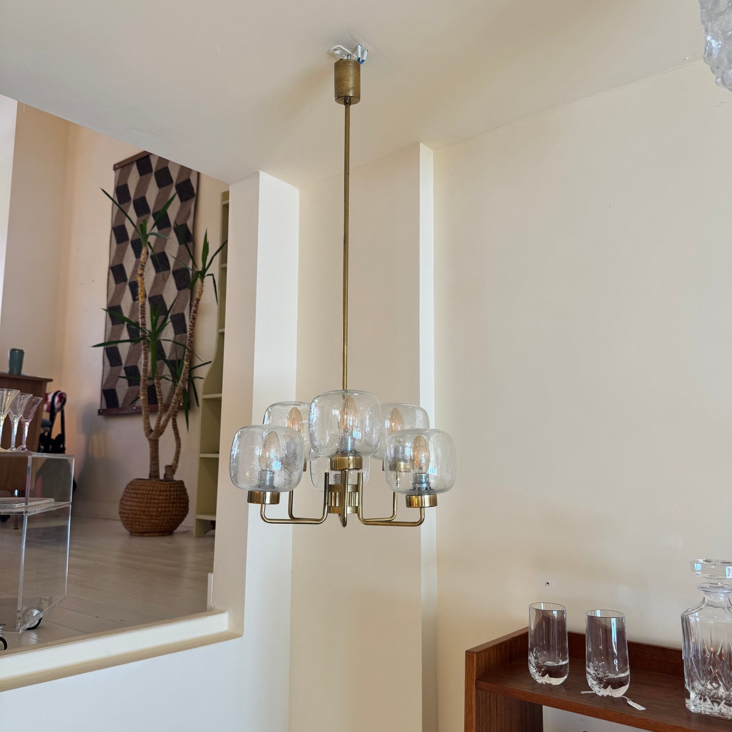 German brass & bubble glass chandelier