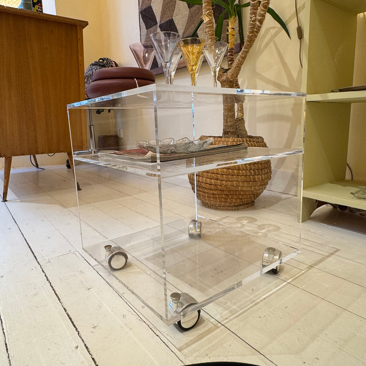 Vintage Acrylic Side Table on Wheels, 1980s