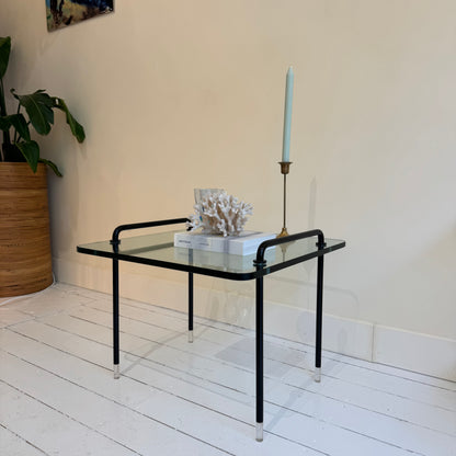 Italian glass side table with black metal frame