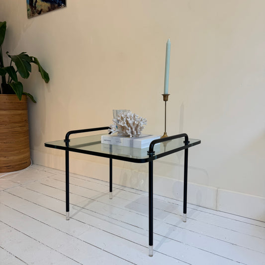 Italian glass side table with black metal frame