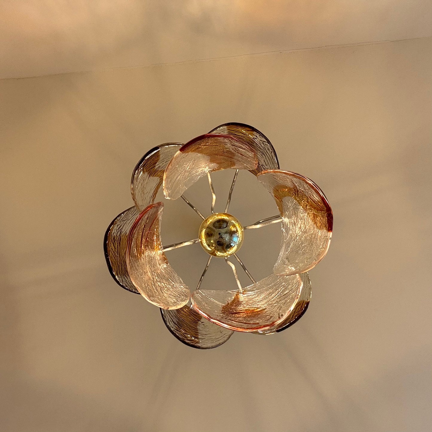 Italian amber Murano glass leaf chandelier, 1970s