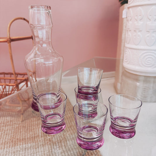 Purple glass decanter with 5 glasses