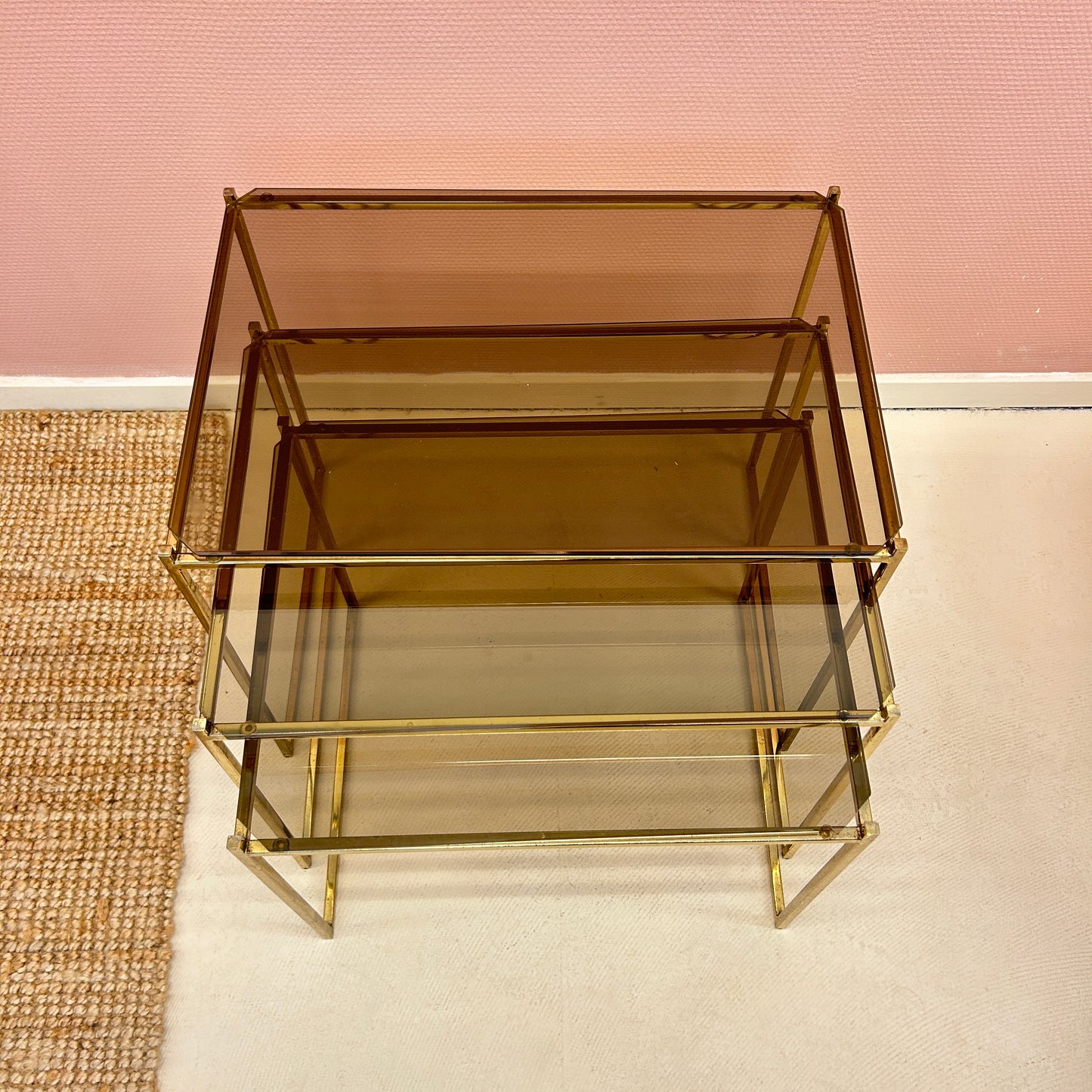 Nesting tables - Brass & smoked glass.