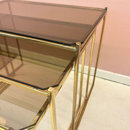 Nesting tables - Brass & smoked glass.